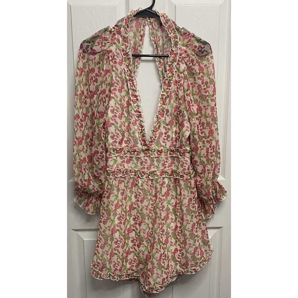 LUXXEL Women Floral Deep V-Neck Shorts Ruffle Romper Lined Pink & Green NWOT-L